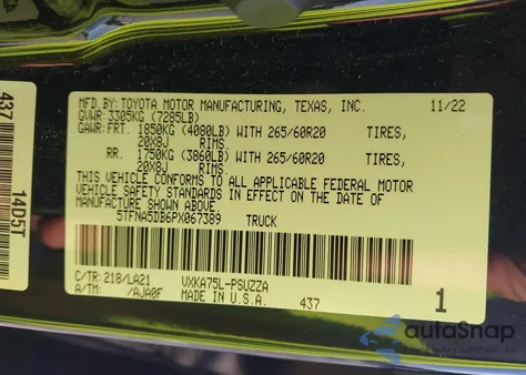 2023 Toyota Tundra Platinum из США, поврежденный, VIN 5TFNA5DB6PX067389